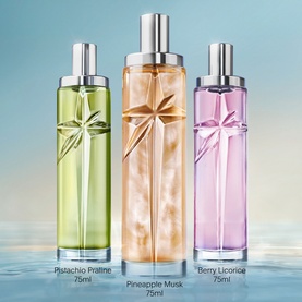 Mugler body mist trio in Pistachio Praline, Pineapple Musk and Berry Licorice, 75ml each, with silver caps and ribbon detail