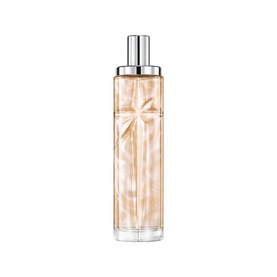 Mugler body mist in glass bottle with silver spray cap and etched star design, golden amber tint