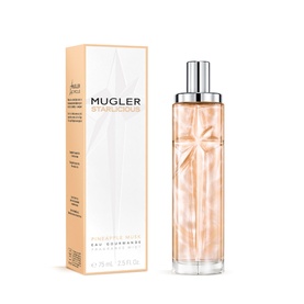 Mugler Starlicious Eau Gourmande body mist with peach-toned bottle and matching gift box, 75ml