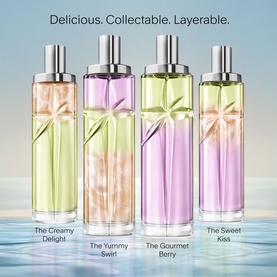 Mugler body mist collection of four bottles: The Creamy Delight, The Yummy Swirl, The Gourmet Berry, and The Sweet Kiss