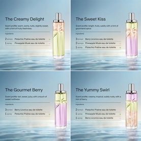 Mugler fragrance gift set showing four eau de toilette bottles with pastel ribbons, each labelled with scent profiles including Berry and Pineapple