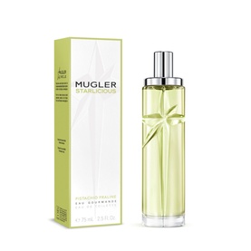 Mugler Starlicious Pistachio Body Mist 75ml bottle with green and white box, featuring star-shaped bottle design
