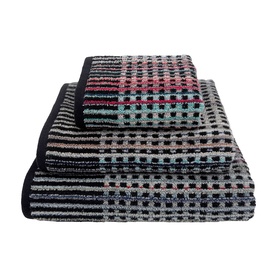 Odyssey Carnival Towel Black, 100% cotton jacquard set in black with multicolour stripe detail, shown in three sizes
