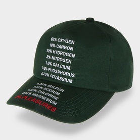 Pleasures Atmosphere Logo Baseball Cap in forest green with white and red embroidered text graphic and peaked visor