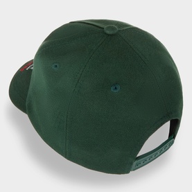 Pleasures Atmosphere Logo Baseball Cap in forest green, back view showing snapback fastening and teal logo tab detail