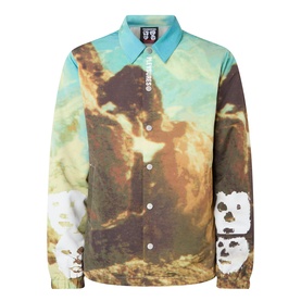 Pleasures Multi casual jacket with all-over scenic print, skull graphics on sleeves, and snap button fastening