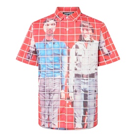 Pleasures More Songs About Buildings and Food Check Shirt in red with graphic photo print, short sleeves, pointed collar, and button fastenings.