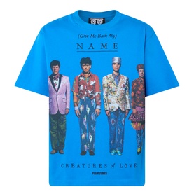 Pleasures Creatures of Love Logo Graphic T-Shirt in blue cotton, featuring four-figure fashion graphic print and logo text detail.