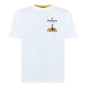 Pleasures Delivery Back Graphic Logo T-Shirt in white cotton, crew neck, short sleeves, with small fruit graphic and logo print to chest