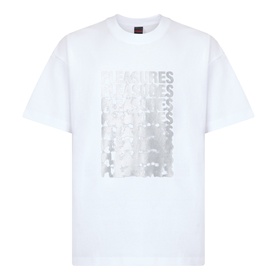 Pleasures Immolate Logo Graphic T-Shirt in white cotton with silver repeated logo print, crew neck and short sleeves