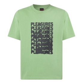 Pleasures Immolate Logo Graphic T-Shirt in sage green, crew neck, short sleeves, repeated distressed logo print on chest