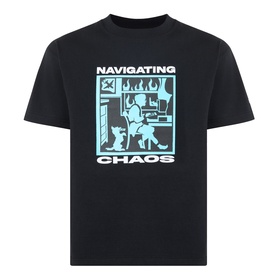 Pleasures Navigating Chaos Logo Graphic T-Shirt in black, crew neck, short sleeves, with blue graphic and text print to chest