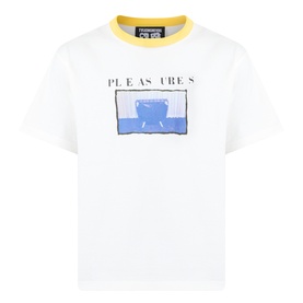 Pleasures Speaking Logo Graphic T-Shirt in white cotton with yellow contrast collar, blue cauldron graphic print and logo text.