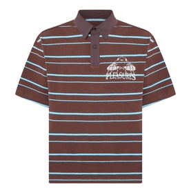 Pleasures brown striped polo shirt with blue and white stripes, chest logo graphic, short sleeves, and button placket