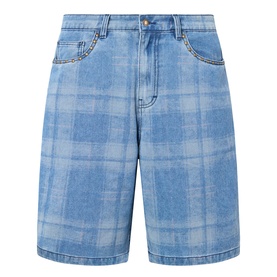 Pleasures blue denim check shorts with five-pocket styling, gold-tone hardware, and knee-length hem