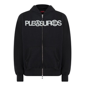 Pleasures Zine Logo Zip Hoodie in black with graphic chest logo, zip fastening, hood, and ribbed trims