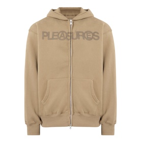 Pleasures Zine Logo Zip Hoodie in beige with tonal logo print, zip fastening, hood, and split pouch pocket