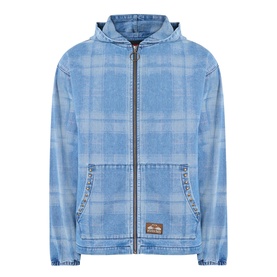 Pleasures Logo Check Denim Zip Hoodie in blue with check pattern, zip fastening, split pouch pocket and logo patch detail