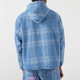 Model wearing Pleasures Logo Check Denim Zip Hoodie in blue check, back view, styled with matching blue check trousers.