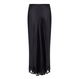 Rixo London black viscose midi slip skirt with delicate lace hem trim, shown flat on white background