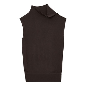 Reiss chocolate brown sleeveless roll-neck knit top with ribbed hem, flat product shot.