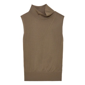 Reiss khaki green sleeveless roll-neck knit top with asymmetric front seam detail and ribbed hem.