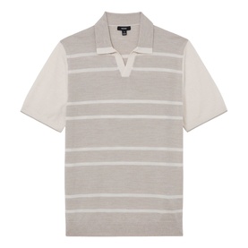 Reiss beige striped knit polo shirt with open V-neck collar and short sleeves, tonal stripe pattern across chest