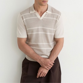 Model wearing Reiss beige striped knit polo shirt with open collar, styled with dark brown trousers