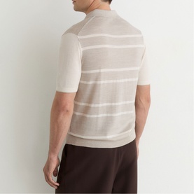 Model wearing Reiss beige striped fine-knit polo shirt, back view, styled with dark brown trousers.
