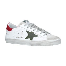 Golden Goose Super-Star low-top trainer in white leather with khaki star, red heel tab, and grey laces
