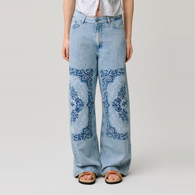 Embroidered Wide Leg Jeans