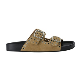 Steve Madden brown suede double buckle strap sandal with stud detailing and black footbed, side view