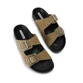Steve Madden brown suede double-buckle strap sandals with perforated detailing and black sole, overhead flat lay view