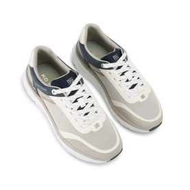 KG by Kurt Geiger white men's trainers with navy and beige panelling, white lace-up fastening and chunky white sole, overhead view