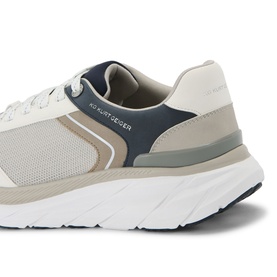 KG by Kurt Geiger white men's trainer with navy heel panel, grey suede overlays, and chunky white sole, close-up detail view