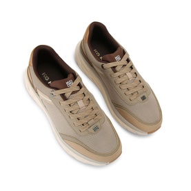 KG by Kurt Geiger green men's trainers with tan leather trim, lace-up fastening, and cream chunky sole, overhead view