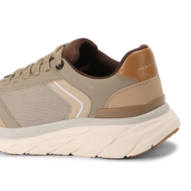 KG by Kurt Geiger green mesh and leather men's trainers with tan heel counter and chunky cream sole, angled back view