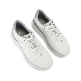 KG by Kurt Geiger white leather men's trainers with grey accent heel tab and white lace-up front, overhead pair shot