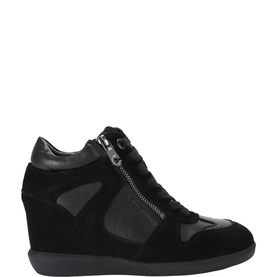 Carvela black high-top wedge trainers with silver zip detail, mixed suede and patent leather panels, black rubber sole