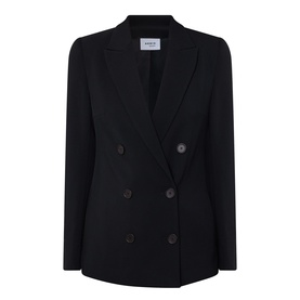 Akris Punto black double-breasted blazer with peak lapels and six-button front, structured shoulders, longline silhouette
