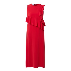 Akris Punto red sleeveless midi dress with asymmetric ruffle drape detail across the bodice