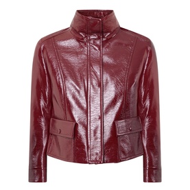 Akris Punto pomegranate patent leather jacket with zip front, funnel neck, and belted waist detail