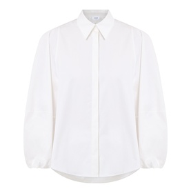 Akris Punto cream shirt with pointed collar, concealed button placket, and voluminous balloon sleeves with cuffed hem