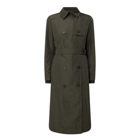 Akris Punto olive trench coat with double-breasted button front, belted waist, chest pocket and long sleeves