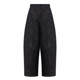 Akris Punto black denim wide-leg trousers with high waist, pleat front, and cropped barrel-leg silhouette