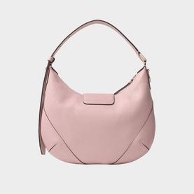 Jimmy Choo hobo bag in rose pink pebbled leather with shiny gold hardware and single top handle with zip detail