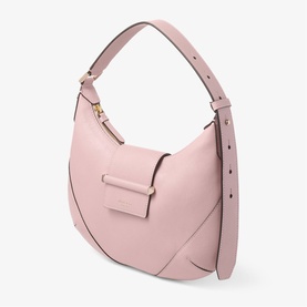 Jimmy Choo rose pink leather hobo shoulder bag with shiny gold hardware, adjustable top handle strap and front slip pocket
