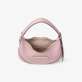 Jimmy Choo rose leather hobo bag, open top view, gold-tone hardware and top handle, pale pink interior visible