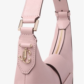 Jimmy Choo rose leather mini shoulder bag with shiny gold JC logo hardware and zip detail, flat shoulder strap