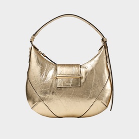 Jimmy Choo gold metallic crescent hobo bag with buckle detail, single top handle and gold-tone hardware